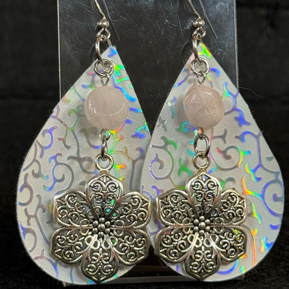 Silver and Holographic Designed Floral Faux Leather Earrings